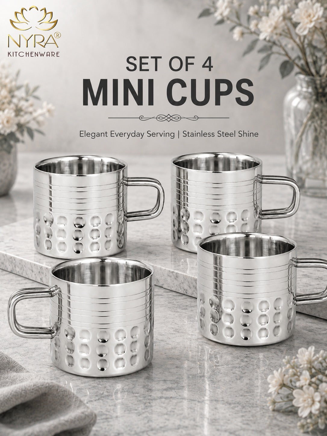 Hammered Stainless Steel Double Wall Cups 100ml - Small Insulated Mugs for Hot & Cold Drinks