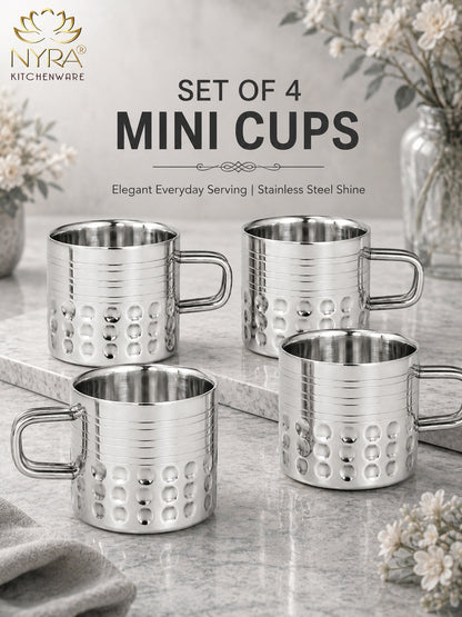 Hammered Stainless Steel Double Wall Cups 100ml - Small Insulated Mugs for Hot & Cold Drinks