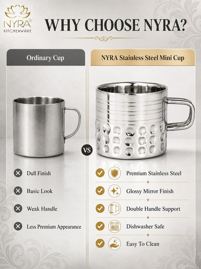 Hammered Stainless Steel Double Wall Cups 100ml - Small Insulated Mugs for Hot & Cold Drinks