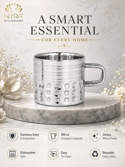 Hammered Stainless Steel Double Wall Cups 100ml - Small Insulated Mugs for Hot & Cold Drinks