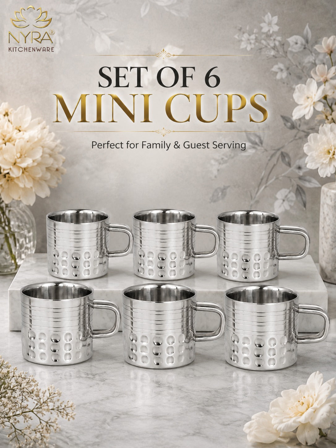Hammered Stainless Steel Double Wall Cups 100ml - Small Insulated Mugs for Hot & Cold Drinks