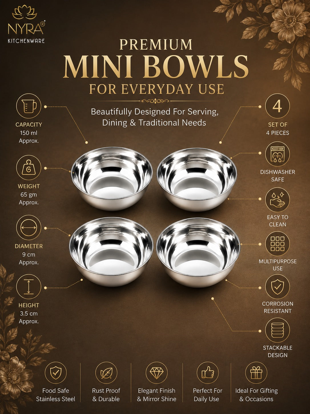 Stainless Steel Bowl Set | Versatile Katori for Desserts, Soups, and Serving