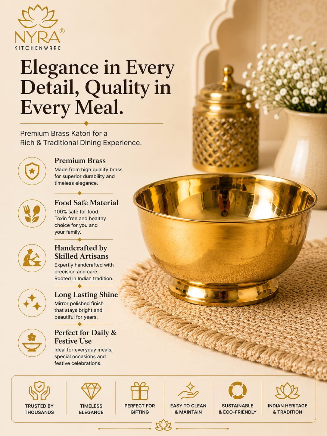 A brass kator bowl with a matching lid, displayed on a woven mat with baby's breath flowers in the background. The image is a promotional graphic for 'Nyra Kitchenware' with text detailing the product's features and benefits.