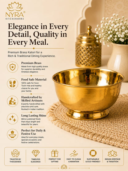 A brass kator bowl with a matching lid, displayed on a woven mat with baby's breath flowers in the background. The image is a promotional graphic for 'Nyra Kitchenware' with text detailing the product's features and benefits.