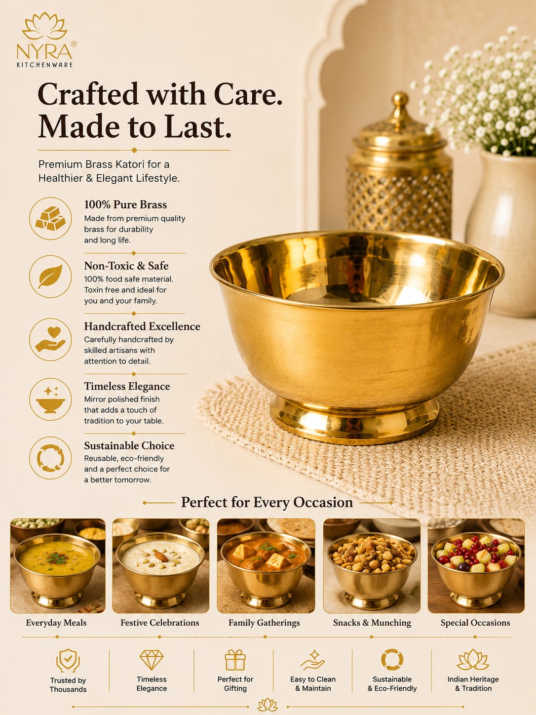 A brass katori bowl shown in a styled product infographic with text callouts, small food bowls, and decorative background elements. The brand name 'Nyere Creations' is visible in the top left.