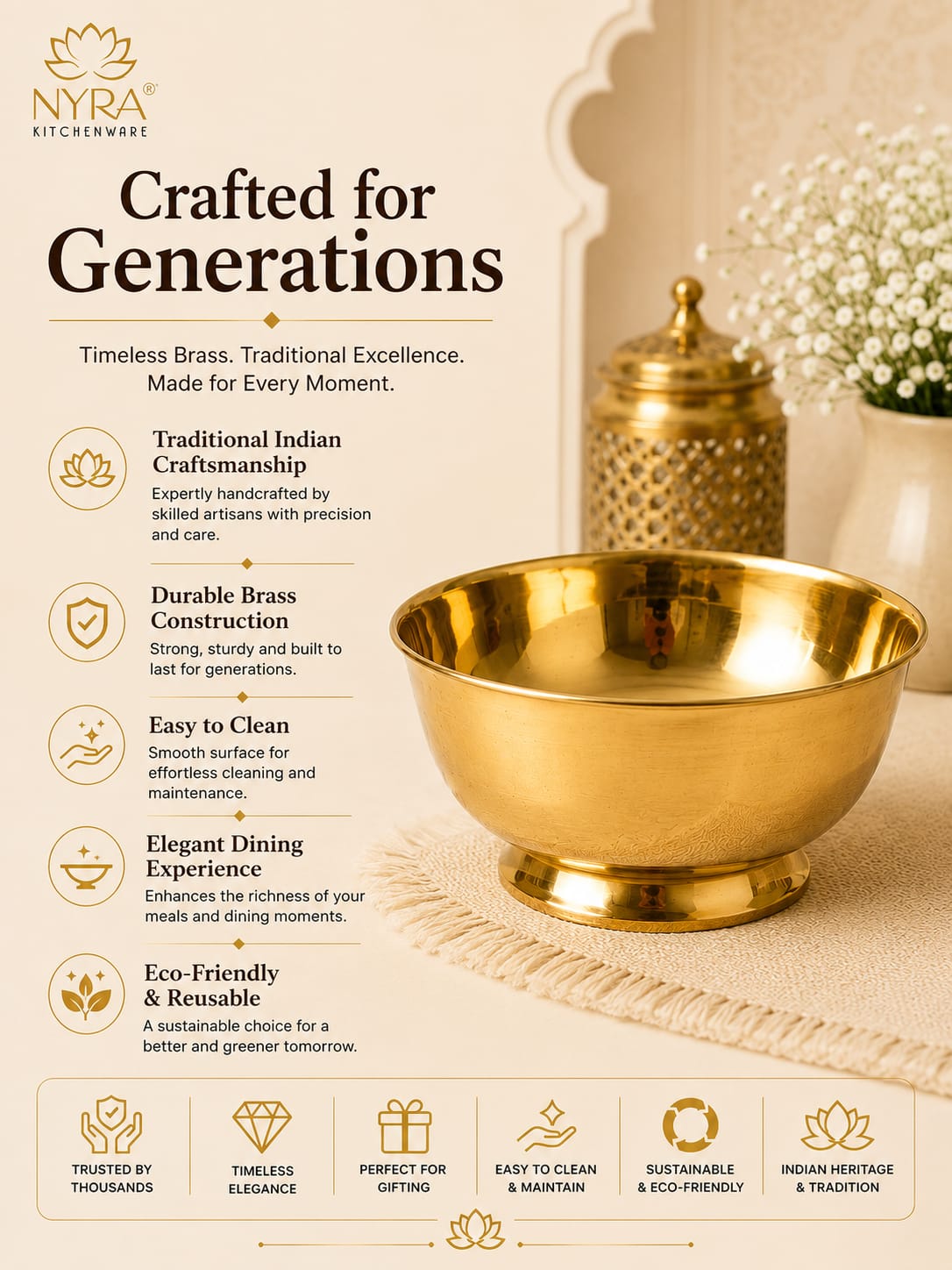 A brass bowl and matching decorative vessel on a beige tabletop with a soft cream background, alongside marketing text and icons for traditional craftsmanship, durability, ease of cleaning, and eco-friendliness. The brand name NYRA KITCHENWARE is visible at the top left.