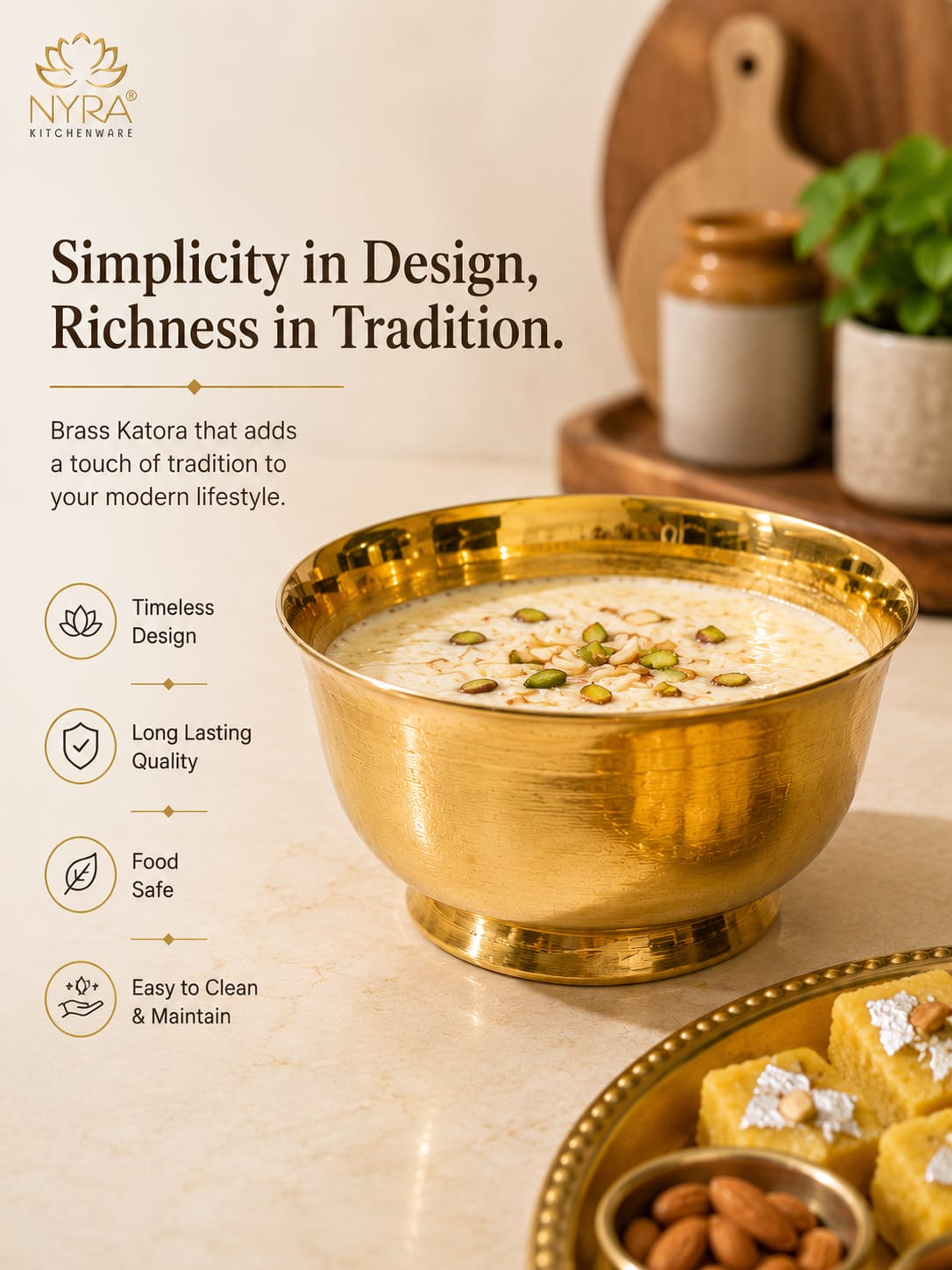A brass Katora (traditional Indian brass garment steamer) filled with milk and topped with pistachios, presented in a polished gold-toned brass bowl on a marble surface. The background features a wooden cutting board, ceramic jars, and a plate of sweets, with the brand logo 'Nyra Kitcheness' and marketing text on the left.