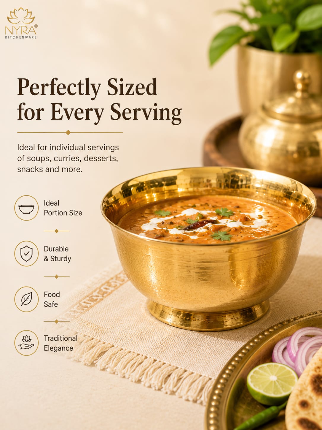 A brass Indian clay pot (kadhai) filled with a rich orange-red curry, presented on a beige textured cloth next to a plate of flatbread, onions, lime, and green chilies. The image features promotional text on the left side and the 'Nyra Kitchenware' logo in the top left corner.