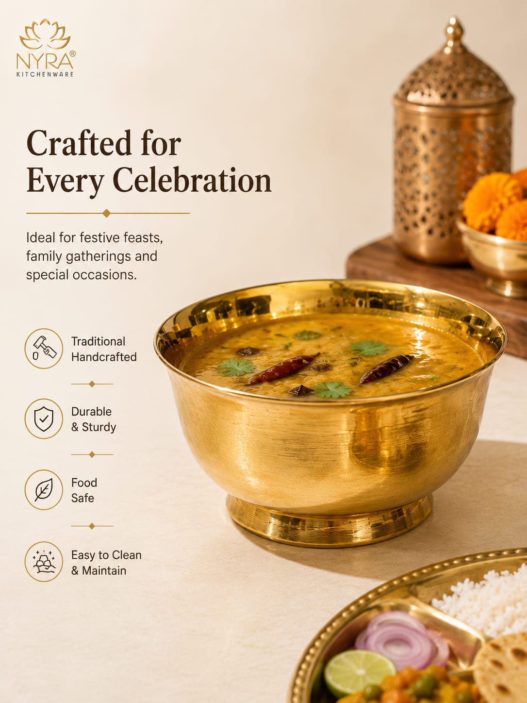 A golden brass serving bowl filled with a yellow curry, shown on a warm beige tabletop with a decorative brass container and food props in the background. Text on the left reads 'Crafted for Every Celebration' and lists product benefits.