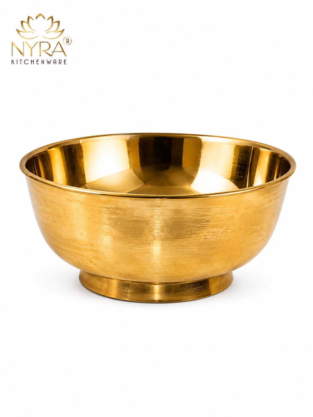 A polished gold-colored stainless steel mixing bowl with a brushed exterior and reflective interior, shown on a white background with the NYRA Kitchenware logo in the top left corner.