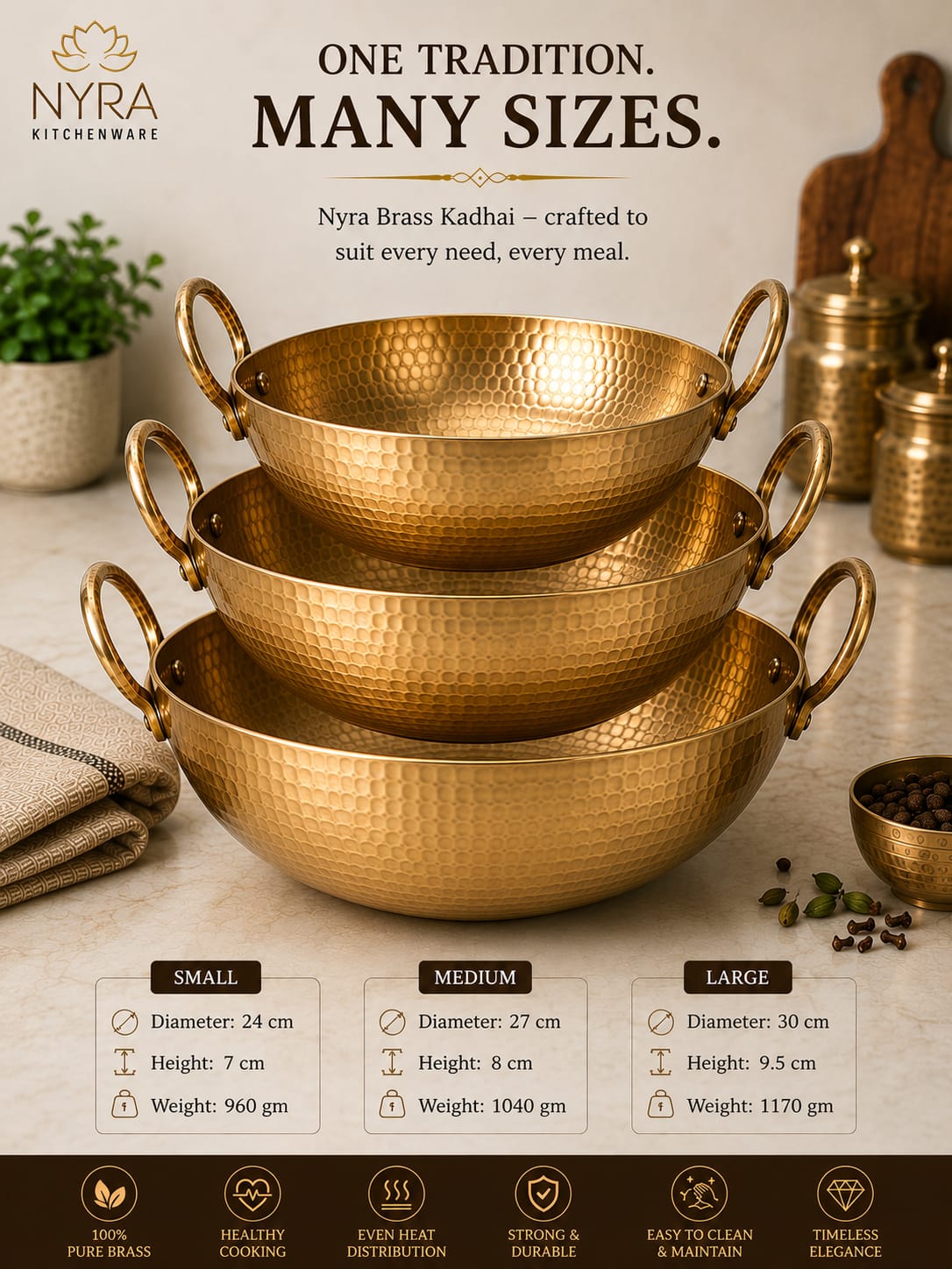 Three stacked hammered brass kadhai bowls in small, medium, and large sizes on a beige countertop, with product specs and branding text displayed around them.