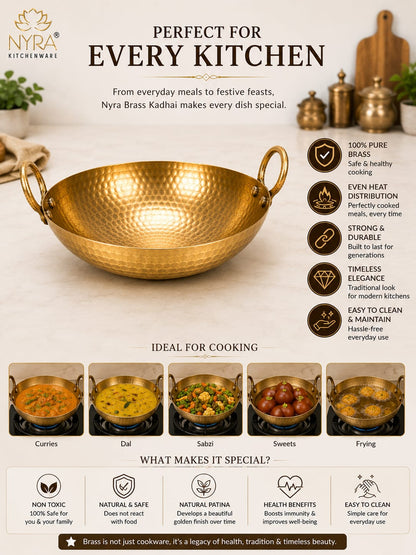 An infographic banner for the Nyra Brass Kadhai, a traditional brass cooking pot. The central image shows a polished gold-colored brass kadhai on a stove, with text highlighting its benefits such as '100% Pure Brass', 'Even Heat Distribution', and 'Strong & Durable'.