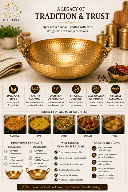 A promotional infographic for the Nyra Brass Kaddhai, a traditional brass cookware piece. The top half features a golden hammered brass kaddhai on a light beige background with kitchen ingredients like whole spices and green herbs.