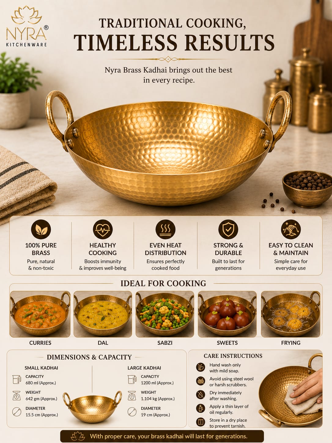 A promotional infographic for the Nyra Brass Kadhai, a hammered brass pot. The top half features a golden brass pot on a marble surface with a blurred kitchen background, and the bottom half contains feature callouts, dimensions, care instructions, and sample food cooking images.