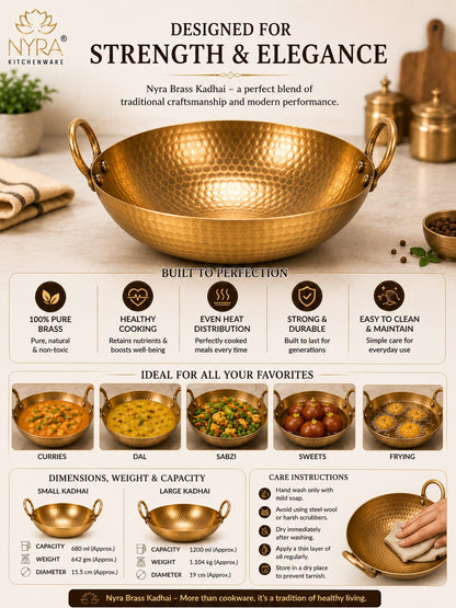A brass kadhai pot with side handles, shown on a branded infographic page titled 'Designed for Strength & Elegance' by Nyra Kitchenware. The page includes product photos, text about healthy cooking and durability, sample food images, dimensions/weight tables, and care instructions.