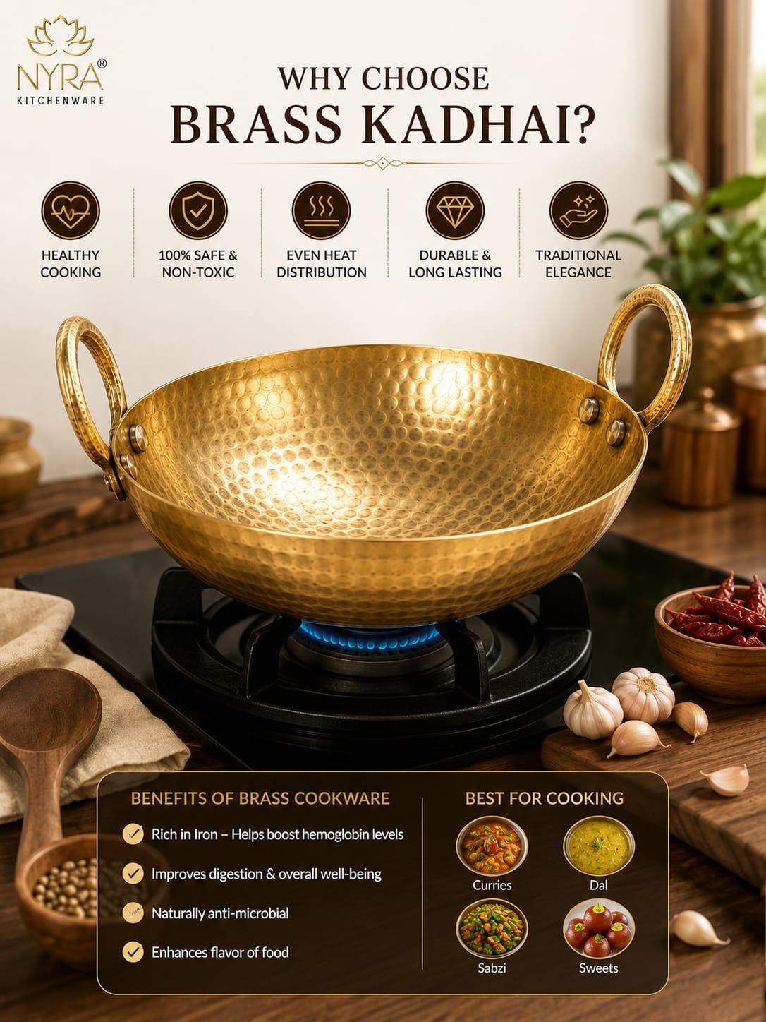 A brass kadhai pot with a hammered finish sits on a black stovetop in a kitchen scene, with text overlays explaining the benefits of using brass kadhai. The image features the brand logo 'Nyra Kitchenware' at the top left.