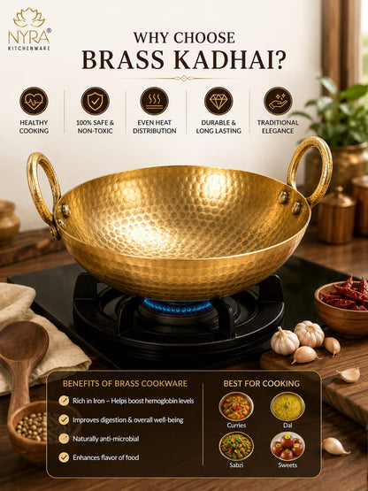 A brass kadhai pot with a hammered finish sits on a black stovetop in a kitchen scene, with text overlays explaining the benefits of using brass kadhai. The image features the brand logo 'Nyra Kitchenware' at the top left.
