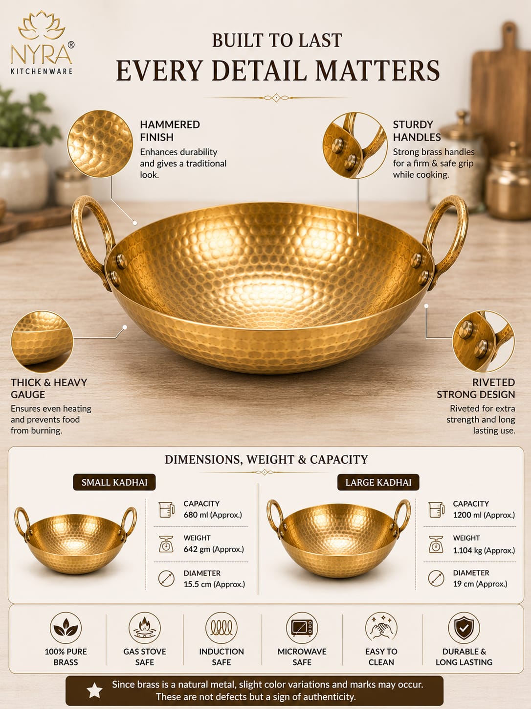 An infographic for an Nya Kitchenware large brass kadhai, featuring a golden-brass pot at the top, circular detail callouts, and a dimension/specification chart at the bottom with text comparing small and large kadhai capacities and weights.