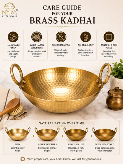 Care guide infographic for a brass kadhai, featuring a large hammered brass bowl in the center, six care tips at the top, a natural patina progression diagram at the bottom, and a Nya Kitchenware logo in the upper left.