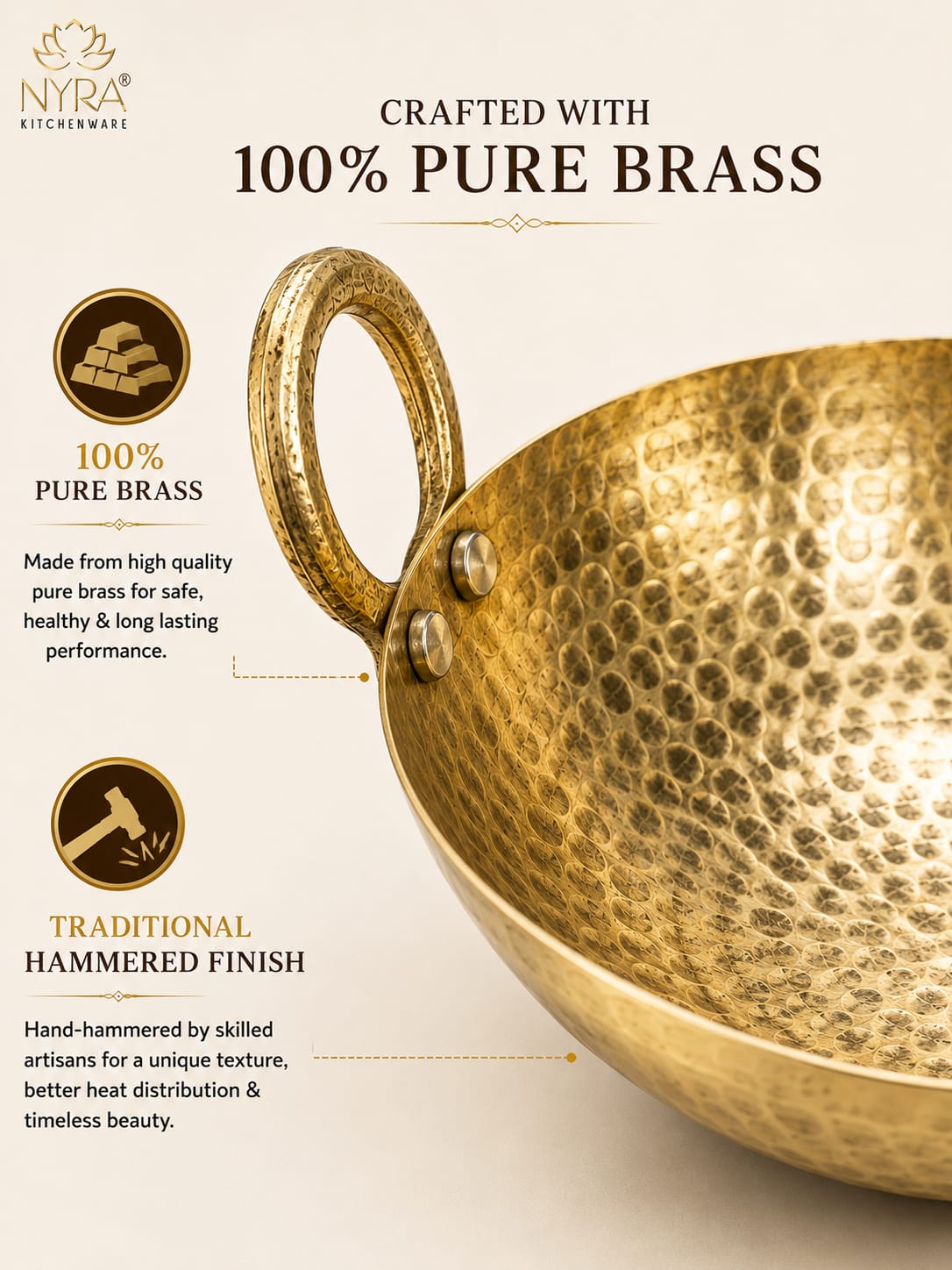 A brass kadhai pan with a hammered finish, shown on a beige background with descriptive text highlighting its 100% pure brass material and traditional craftsmanship.
