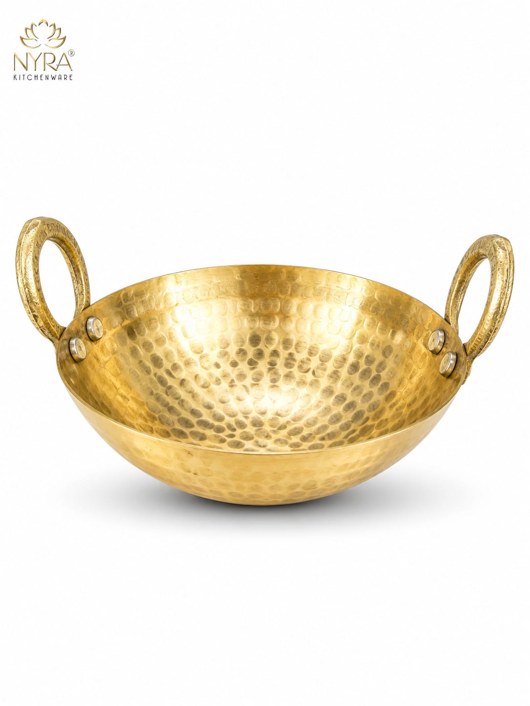 A hammered brass kadhai pan with loop handles, shown on a white background with the NYRA Kitchenware logo in the top left corner.