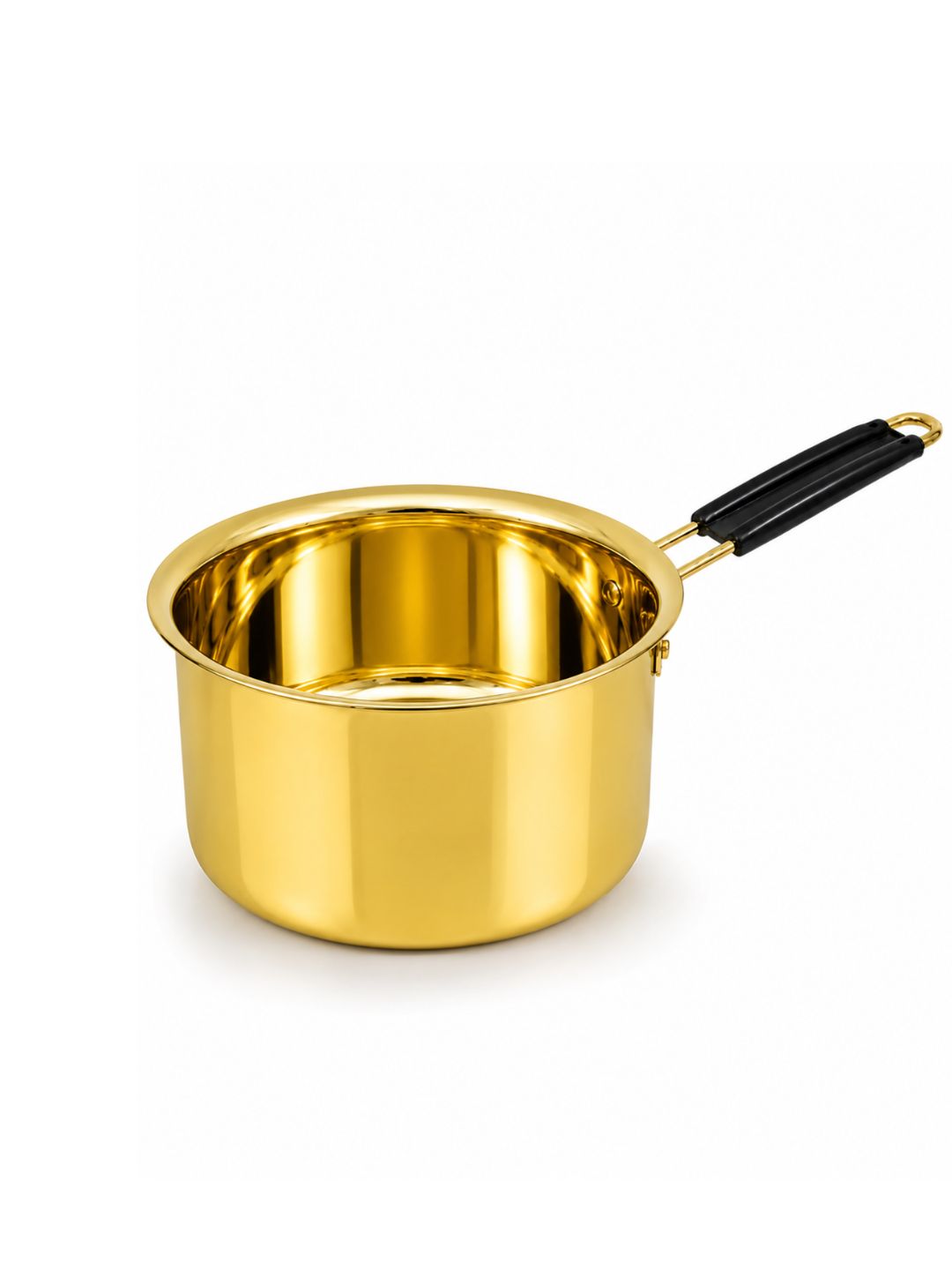 A shiny gold metal saucepan with a black handle, shown on a clean white background.