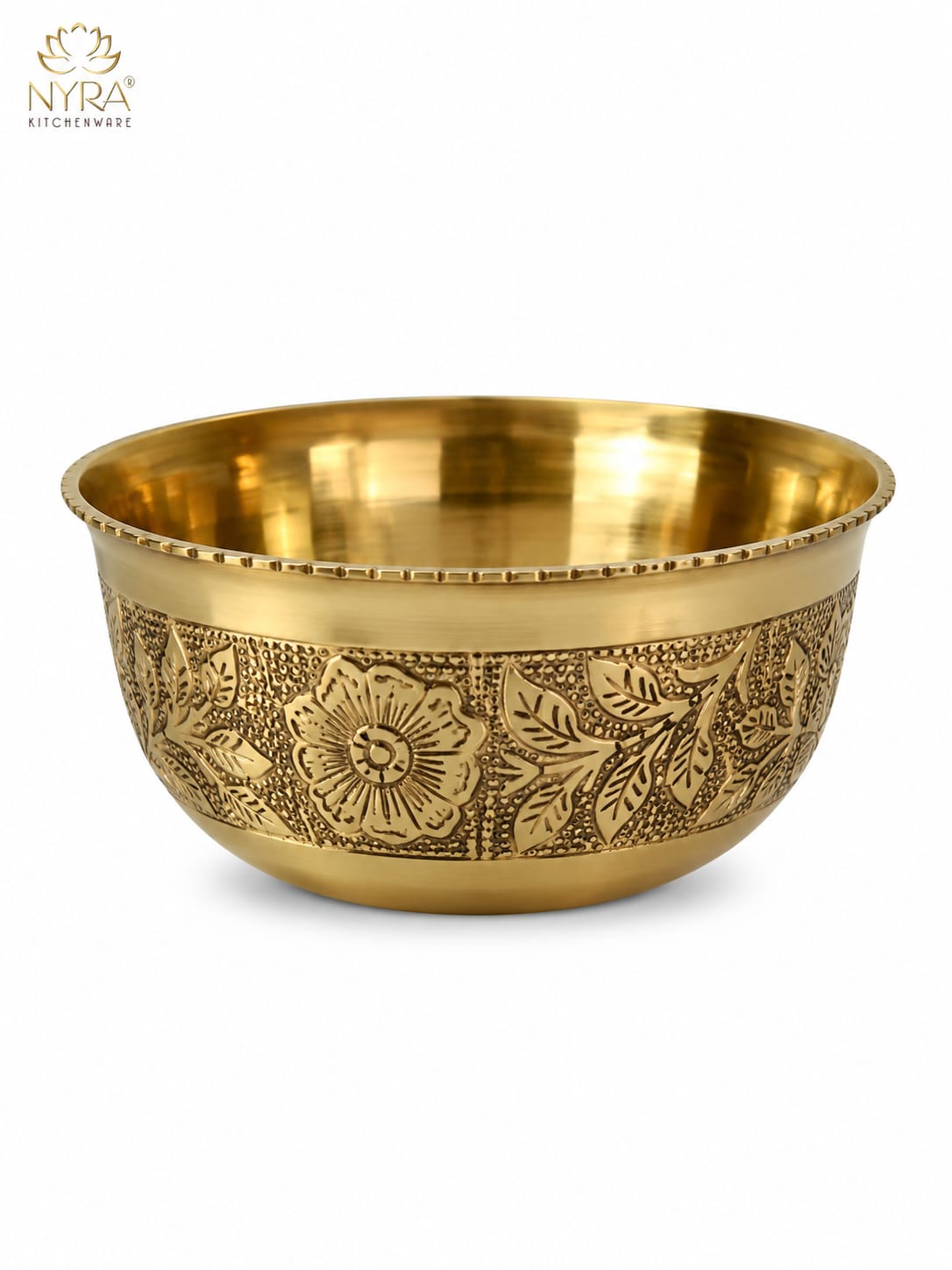 A polished brass bowl with intricate floral engravings on the exterior, shown against a plain white background with a brand logo in the top left corner.