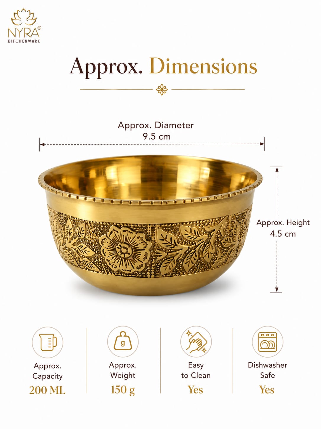 Gold-toned decorative bowl with floral embossed detailing, shown with dimension callouts reading approx. diameter 9.