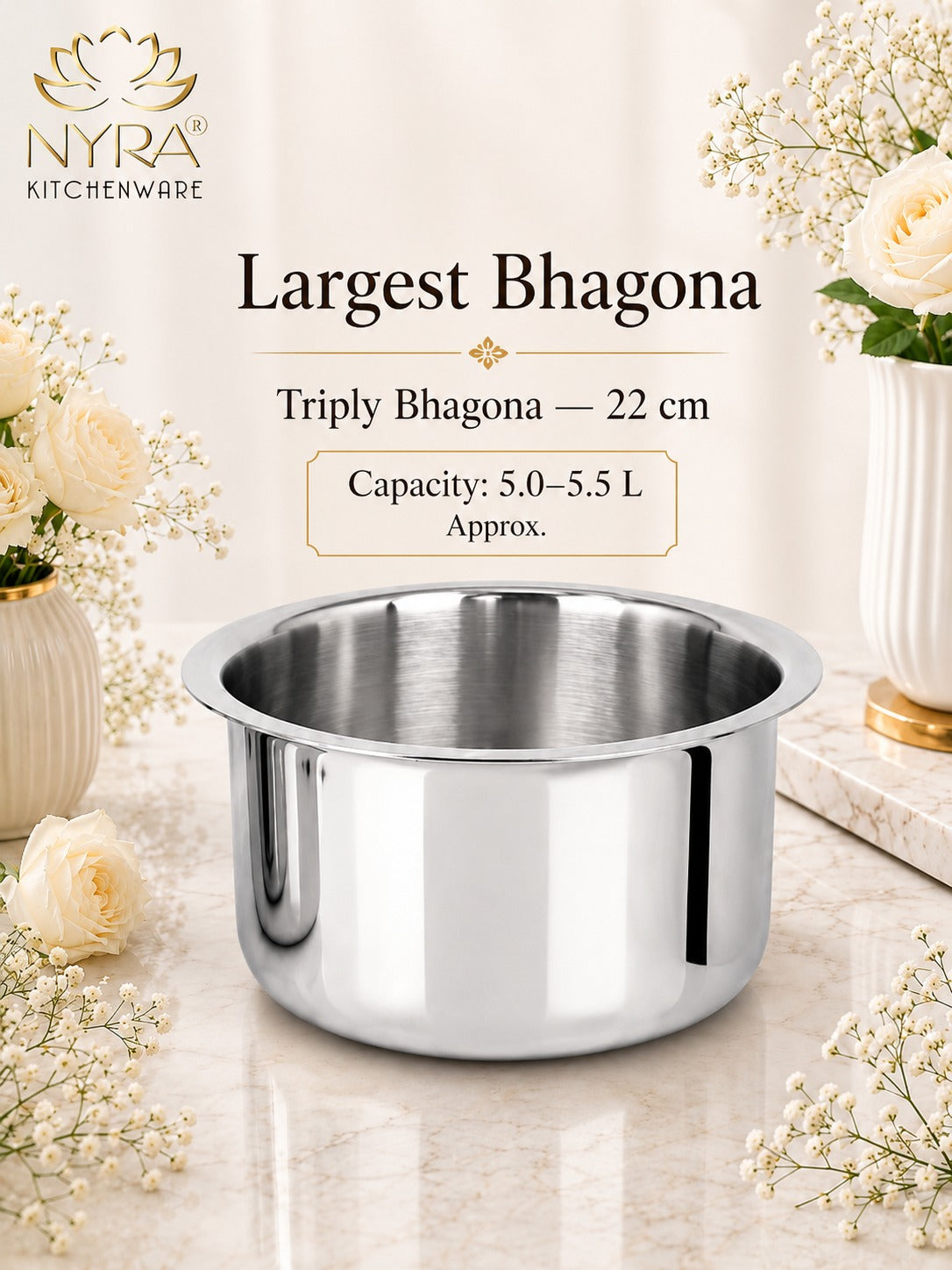 Triply Stainless Steel Bhagona | Heavy Gauge Food Grade Tri-Ply Cooking Pot | Induction & Gas Stove Compatible - Available in 4 Sizes