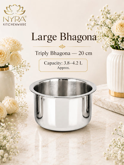Triply Stainless Steel Bhagona | Heavy Gauge Food Grade Tri-Ply Cooking Pot | Induction & Gas Stove Compatible - Available in 4 Sizes