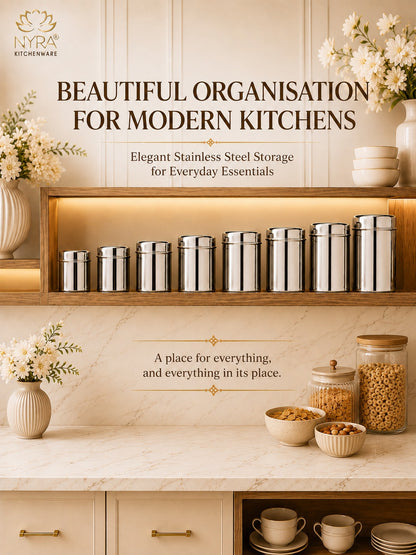 Stainless Steel Cylindrical Deep Storage Containers - Set of 8pcs.