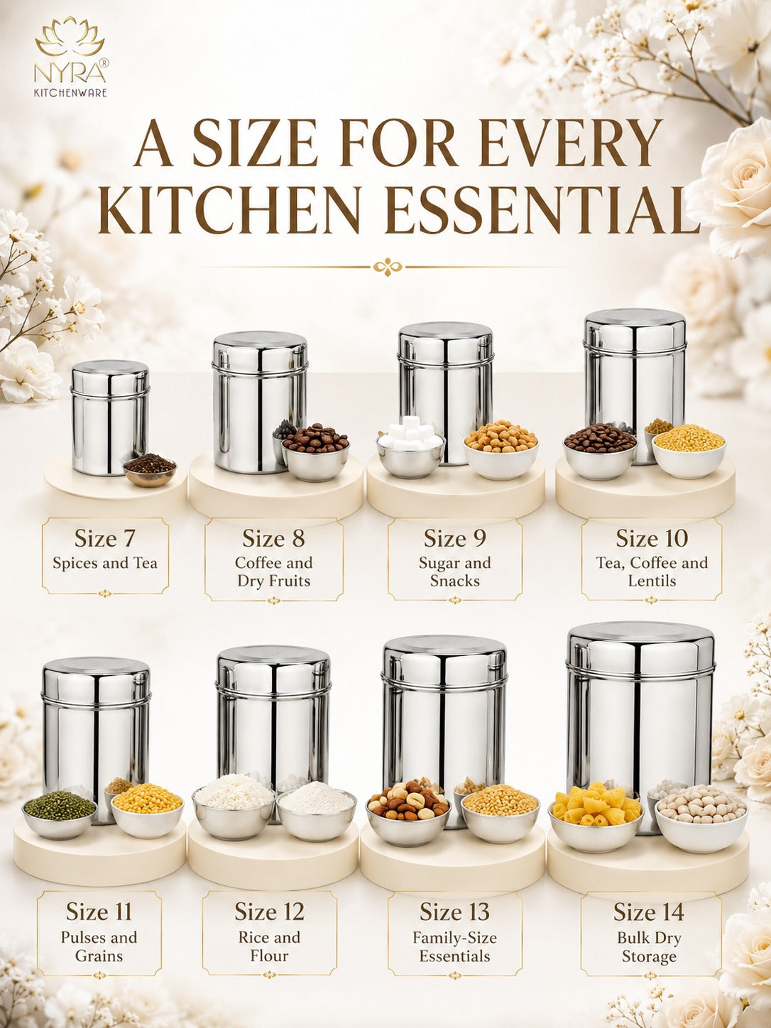 Stainless Steel Cylindrical Deep Storage Containers - Set of 8pcs.