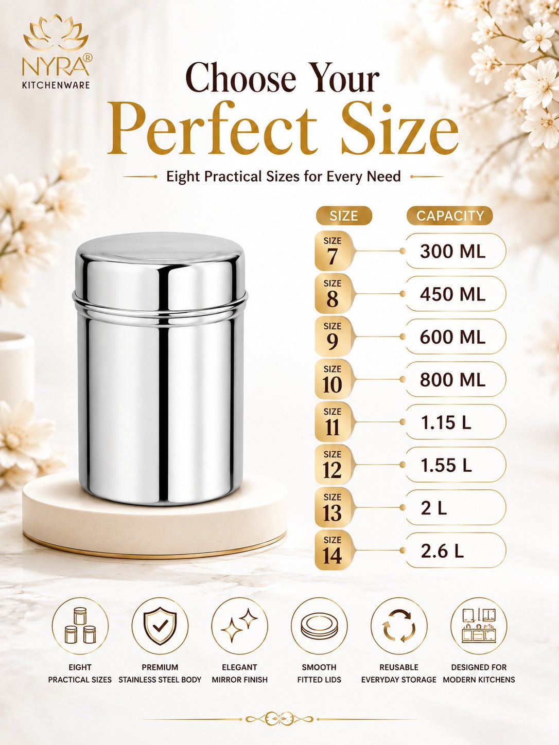 Stainless Steel Cylindrical Deep Storage Containers - Set of 8pcs.