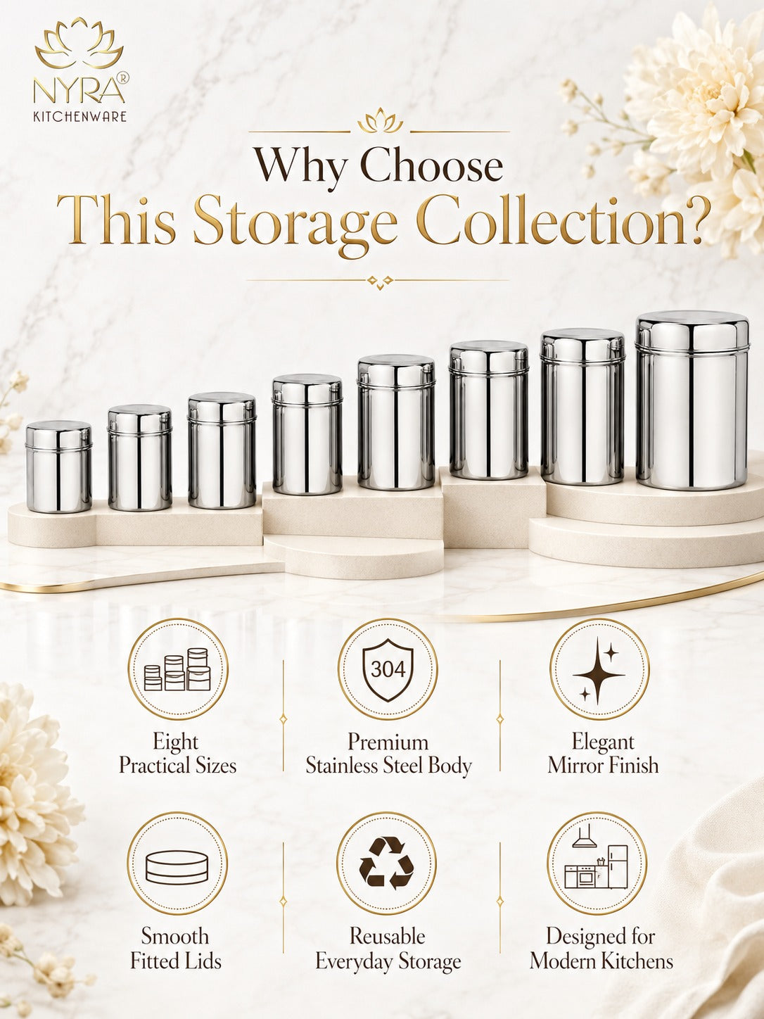 Stainless Steel Cylindrical Deep Storage Containers - Set of 8pcs.