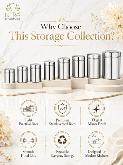 Stainless Steel Cylindrical Deep Storage Containers - Set of 8pcs.