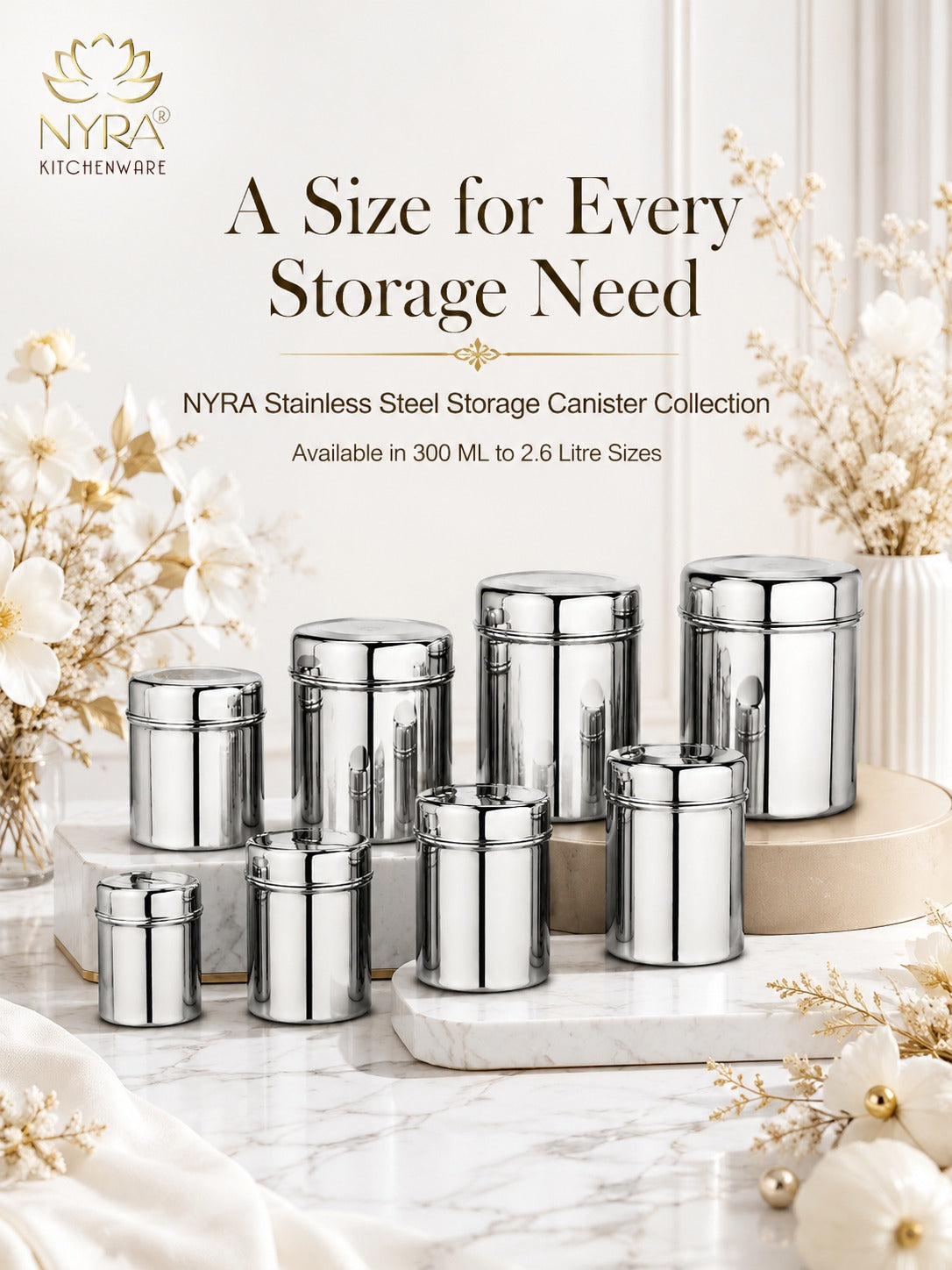 Stainless Steel Cylindrical Deep Storage Containers - Set of 8pcs.