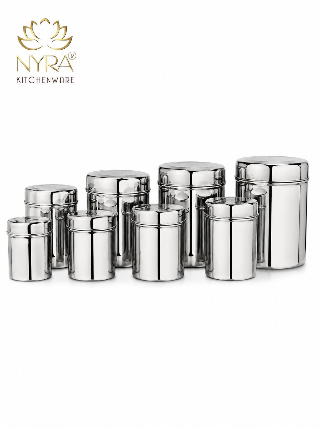 Stainless Steel Cylindrical Deep Storage Containers - Set of 8pcs.