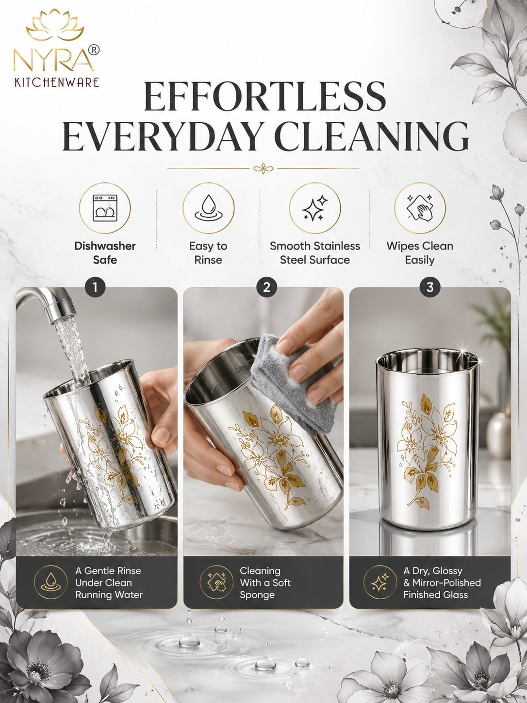 Stainless Steel Glass/Tumbler with Laser Floral Design - 300 ML