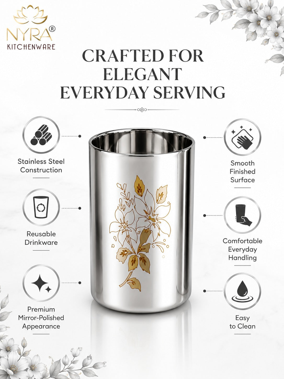 Stainless Steel Glass/Tumbler with Laser Floral Design - 300 ML