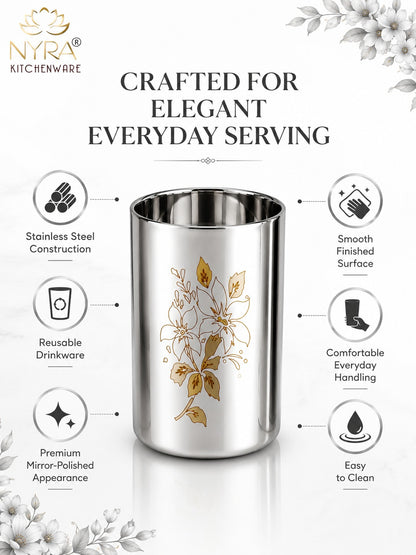 Stainless Steel Glass/Tumbler with Laser Floral Design - 300 ML