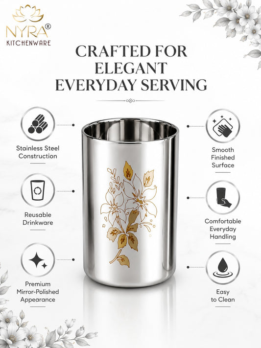 Stainless Steel Glass/Tumbler with Laser Floral Design - 300 ML