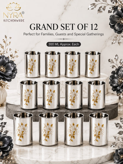Stainless Steel Glass/Tumbler with Laser Floral Design - 300 ML