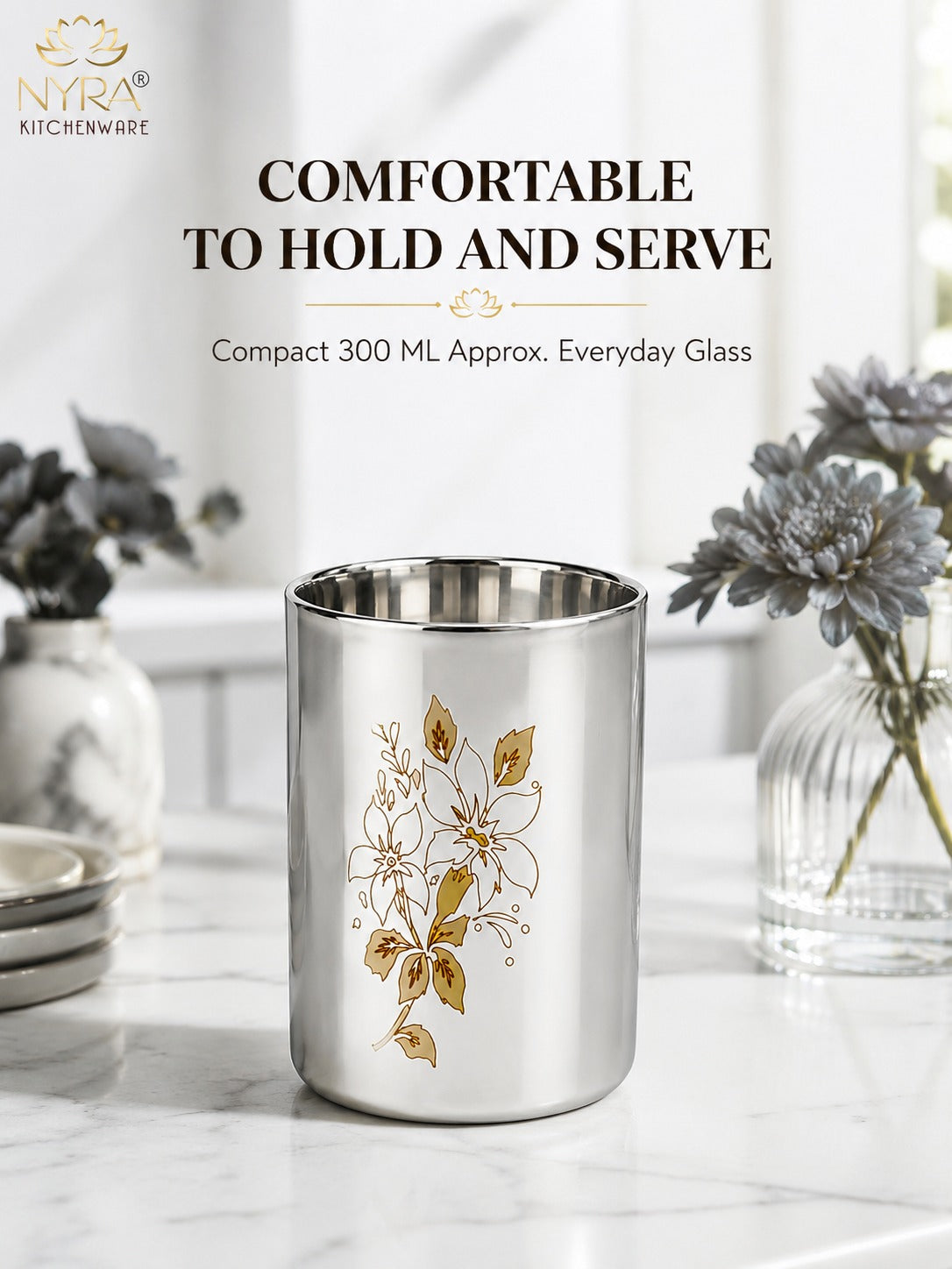 Stainless Steel Glass/Tumbler with Laser Floral Design - 300 ML
