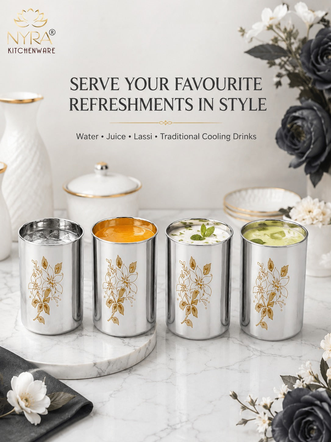Stainless Steel Glass/Tumbler with Laser Floral Design - 300 ML