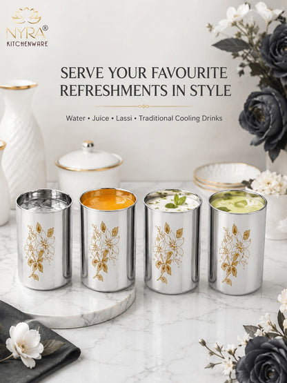 Stainless Steel Glass/Tumbler with Laser Floral Design - 300 ML