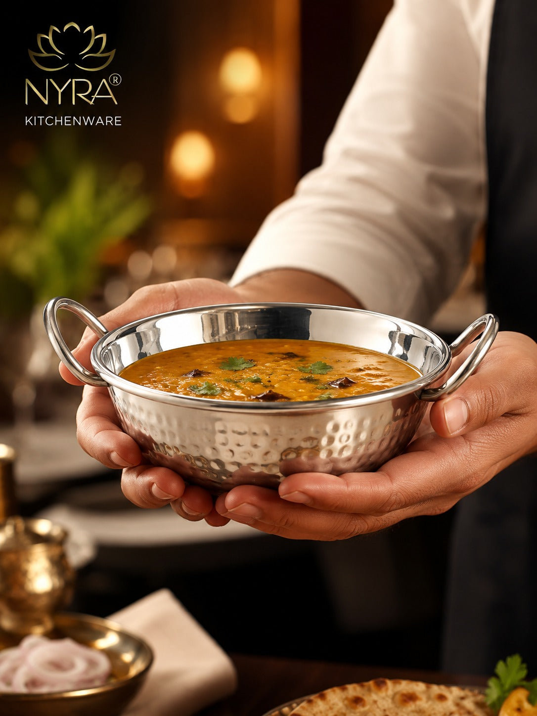Stainless Steel Hammered Finish Serving Kadhai with Handles – Premium Serveware Set