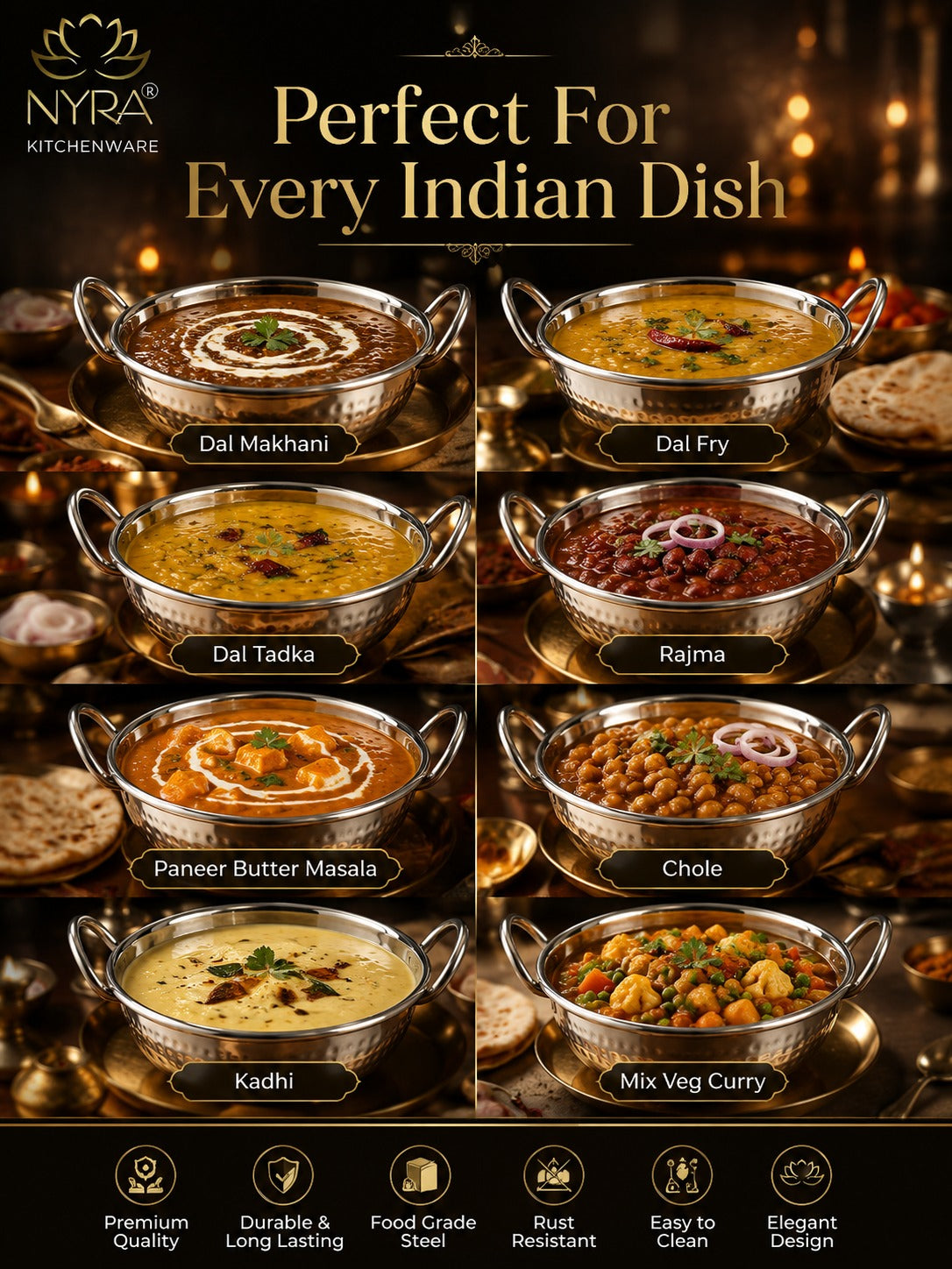 Stainless Steel Hammered Finish Serving Kadhai with Handles – Premium Serveware Set