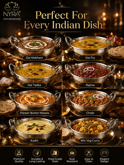 Stainless Steel Hammered Finish Serving Kadhai with Handles – Premium Serveware Set