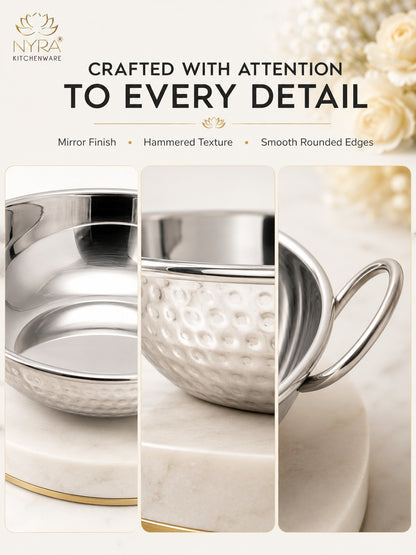 Stainless Steel Hammered Finish Serving Kadhai with Handles – Premium Serveware Set