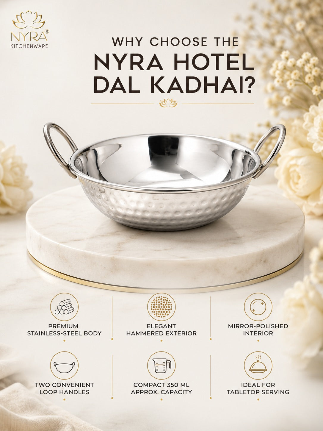 Stainless Steel Hammered Finish Serving Kadhai with Handles – Premium Serveware Set
